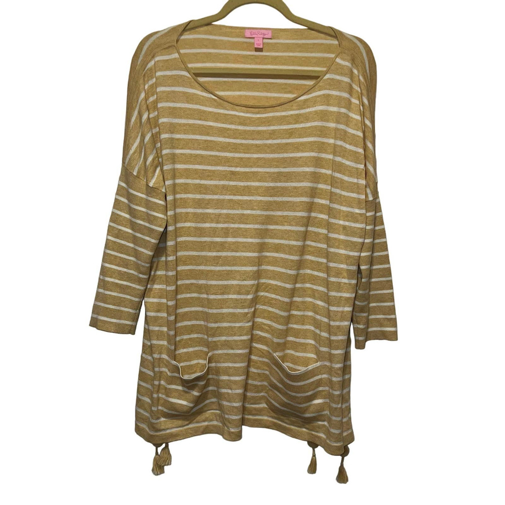 Lilly Pulitzer Mustard Yellow and White Striped Scoop Neck Sweater